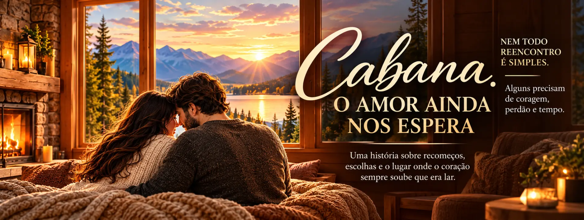 Casal abraçado em uma cabana diante das montanhas ao pôr do sol