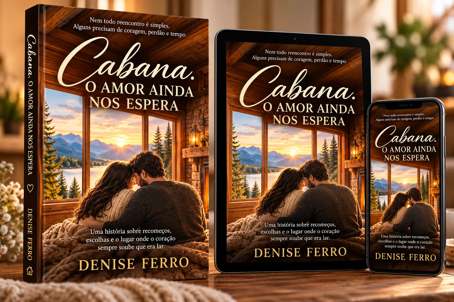 Mockup do e-book O Amor Ainda Nos Espera exibido em livro, tablet e celular