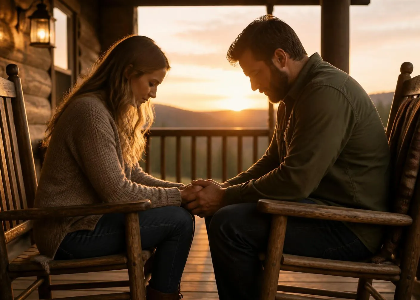 Casal orando de mãos dadas na varanda de uma cabana durante o pôr do sol